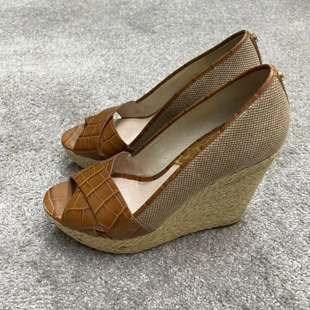 Micheal Michael Kors Peep Toe Espadrille Wedge Sandals Womens 9M Brown Slip On
